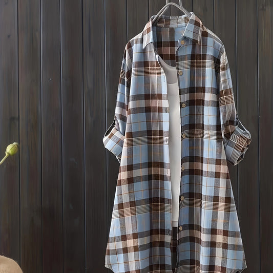  Casual Plaid Print Long Sleeve Button Up Tunic Shirt