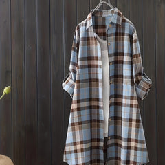  Casual Plaid Print Long Sleeve Button Up Tunic Shirt