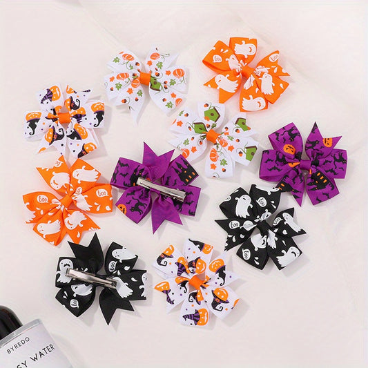 10pcs Halloween Pumpkin Ghost Print Bow Hair Clip for Baby Girls