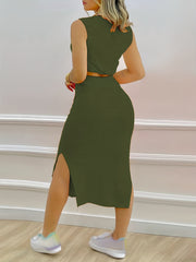 Casual Two Piece Set Sleeveless Top & Split Skirt Outfit