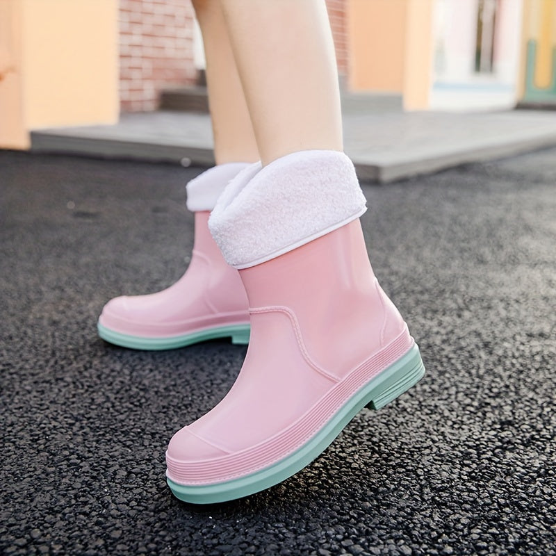 Versatile Waterproof Rain Boots Women's Medium Calf Non slip Warm Rainy Boots