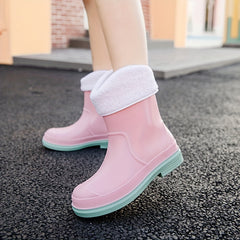 Versatile Waterproof Rain Boots Women's Medium Calf Non slip Warm Rainy Boots