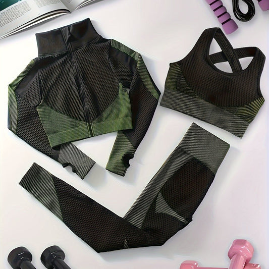 3pcs Block Yoga Workout Set Long Sleeve Jacket & Sports Bra & Leggings