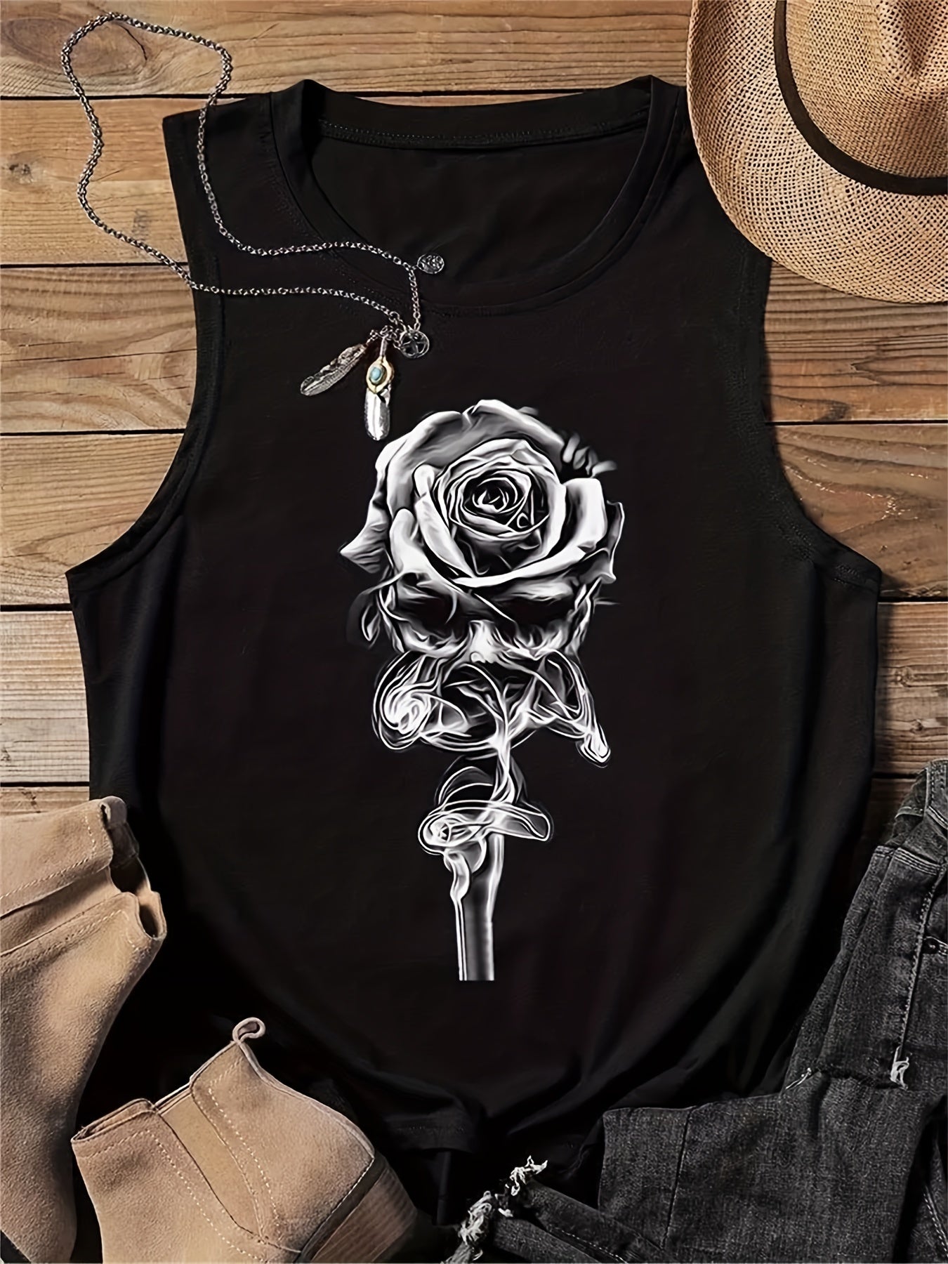 Rose & Skull Print Tank Top Sleeveless Crew Neck Casual Women Tops