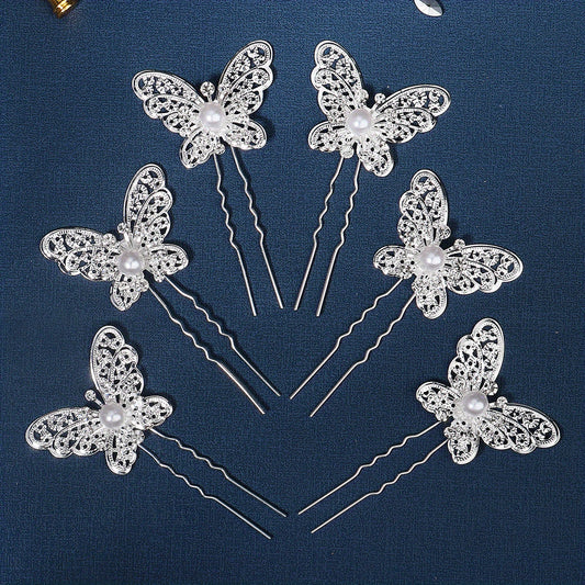 6pcs Butterfly Faux Pearl Hairpin Bridal Wedding Bobby Pin