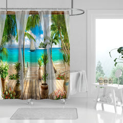 Seaside Landscape Shower Curtain with Coconut Tree Illustration