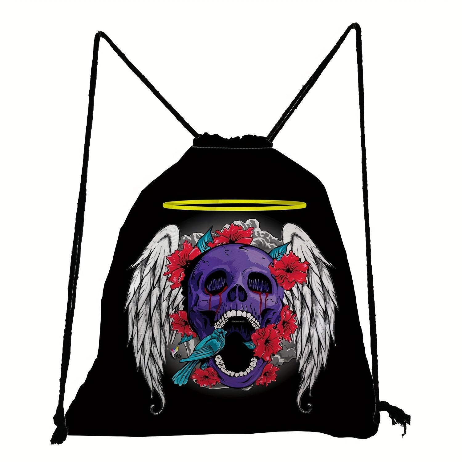 Skull & Flower Print Backpack Drawstring Sports Bag Lightweight Punk Gym Bag