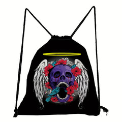 Skull & Flower Print Backpack Drawstring Sports Bag Lightweight Punk Gym Bag