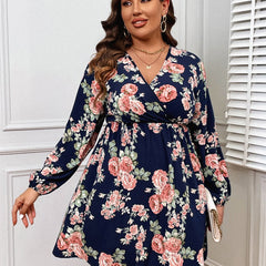  Rose Print Lantern Sleeve Mini Dress