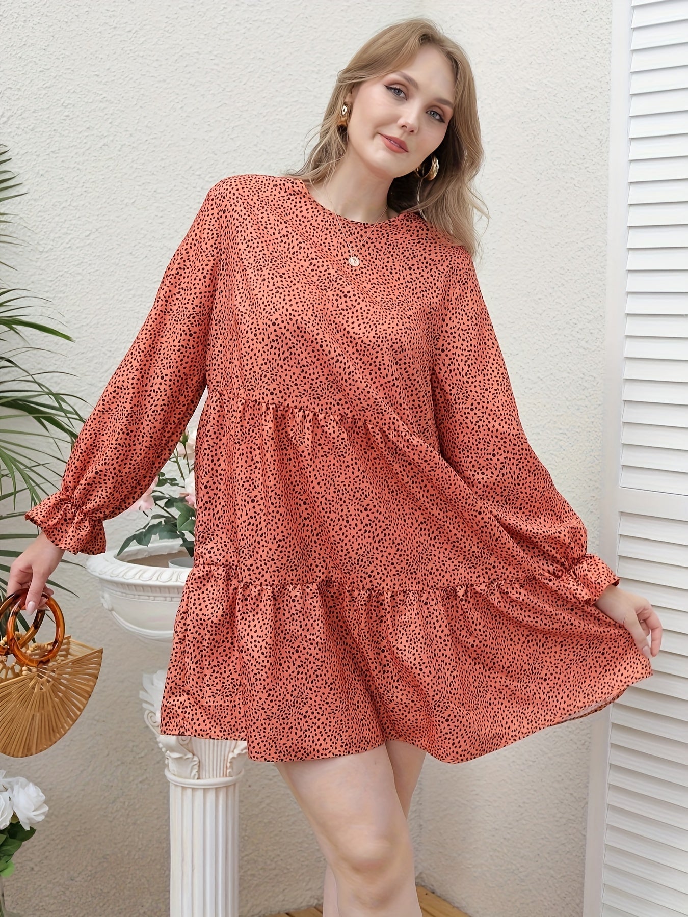 Leopard Print Flounce Sleeve Round Neck Smock Mini Dress