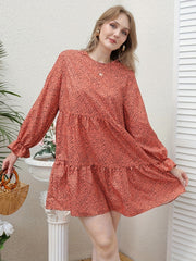Leopard Print Flounce Sleeve Round Neck Smock Mini Dress