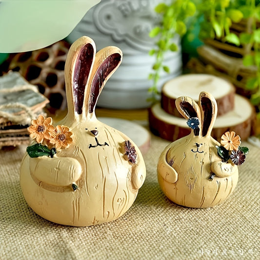 Easter Resin Decorations - Rabbit & People Picking Flowers - Rural Style