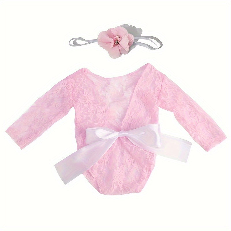 Newborn Lace Backless Bow Crawl Suit Baby Photography Set