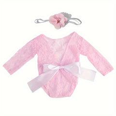Newborn Lace Backless Bow Crawl Suit Baby Photography Set