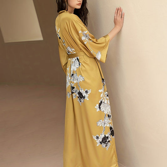  Satin Floral Print Nightgown V-Neck Sleepwear Robe with Belt