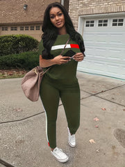 Block Two Piece Set Crew Neck Top & Drawstring Pants