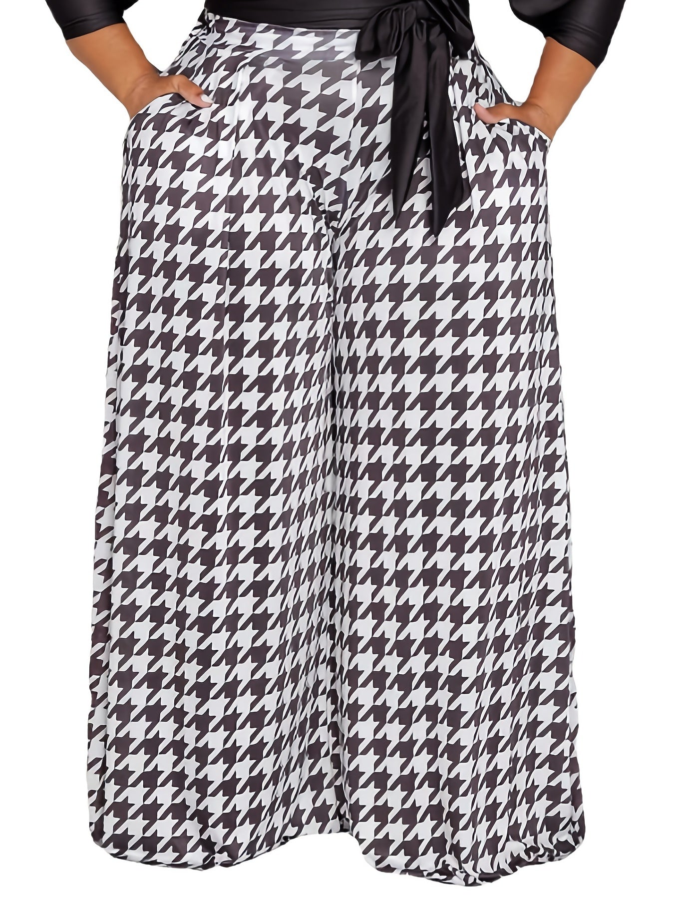  Houndstooth Wide Leg Pants Women's Plus Casual
