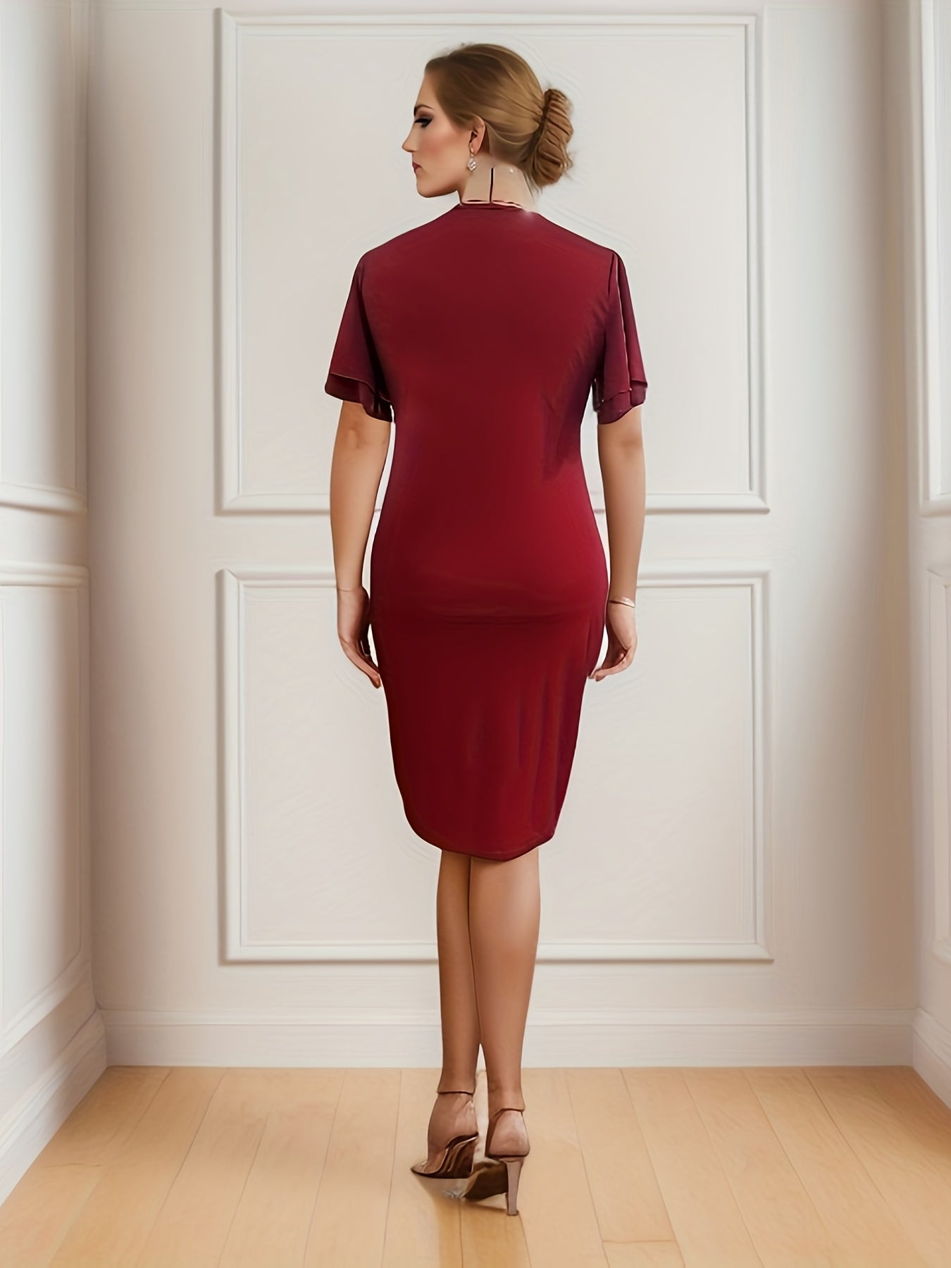  Solid Layered Sleeve Round Neck Midi Dress