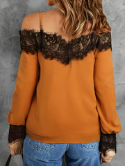  Colorblock Lace Cold Shoulder Top