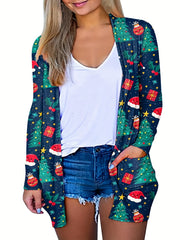 Women's Plus Bell & Snowflake Print Long Sleeve Cardigan