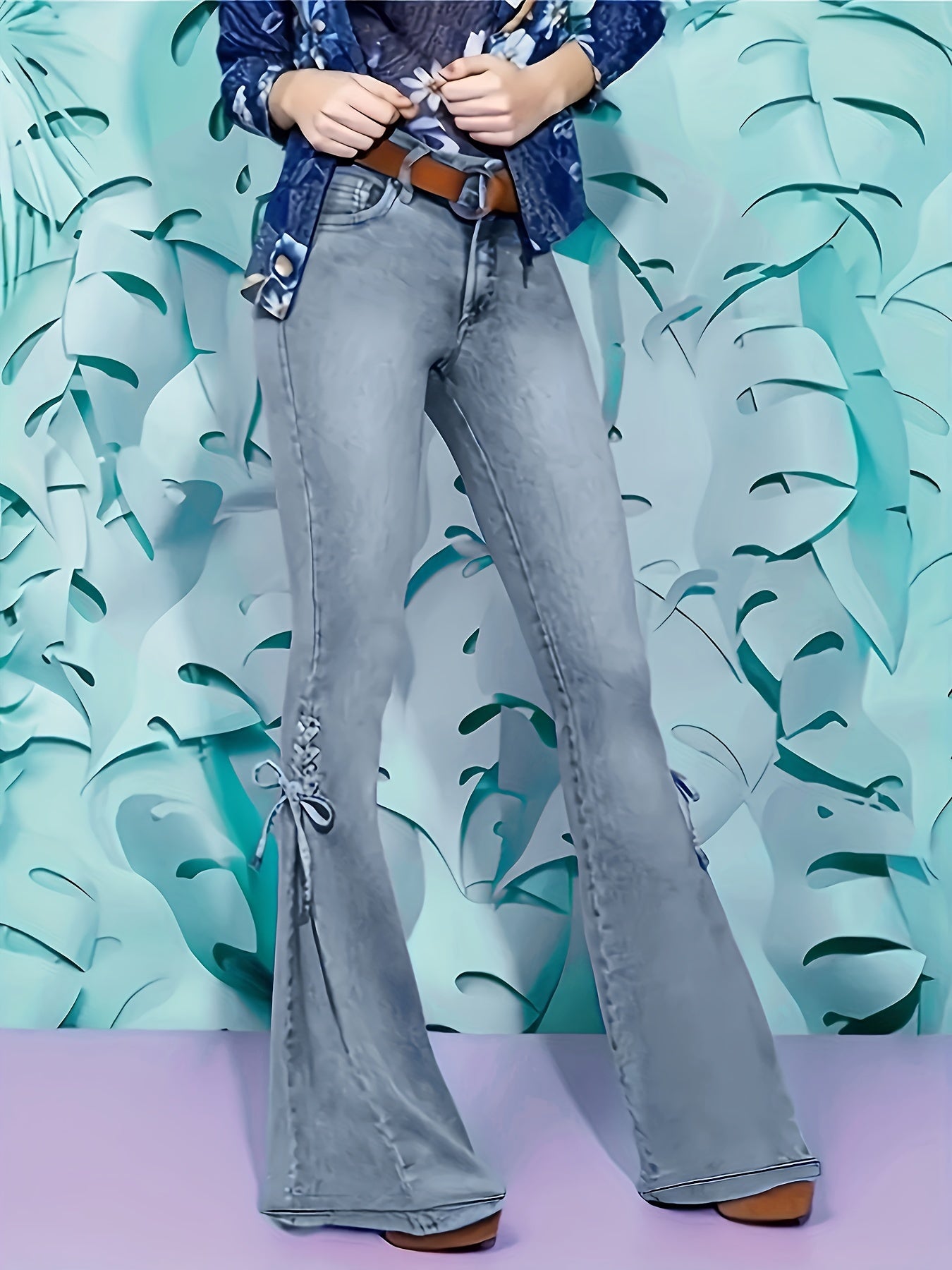  Women's Flared Leg Jeans Button Fly Lace Up High Stretch