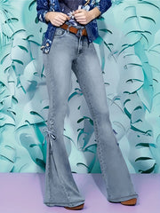  Women's Flared Leg Jeans Button Fly Lace Up High Stretch