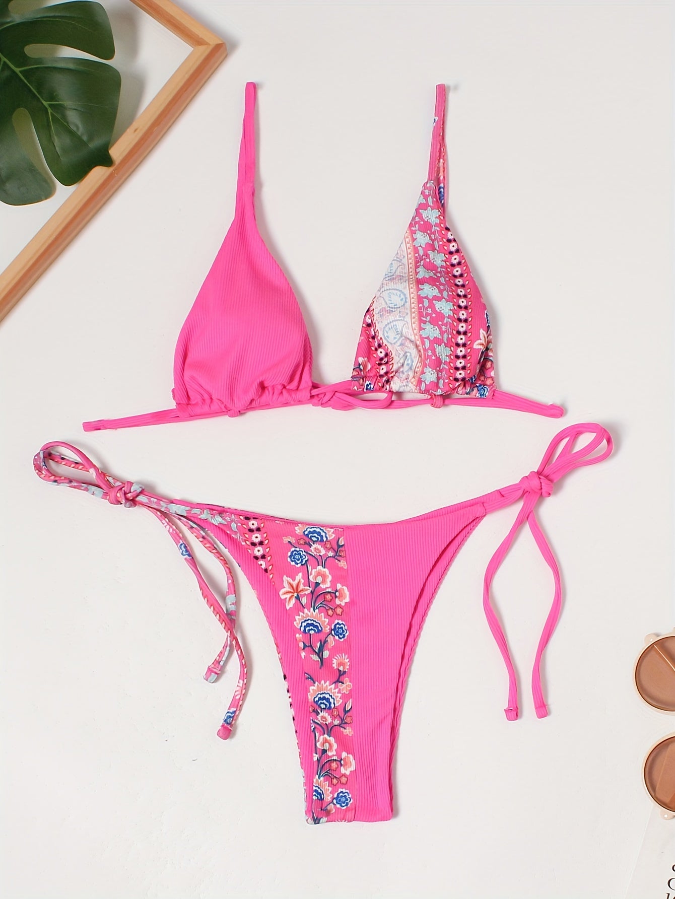 Floral Print Patchwork Bikini Sets Tie Back Backless Beachwear 2 Pieces Swimsuit