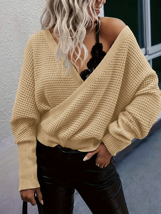  Solid Bat Sleeve Surplice Neck Jumper