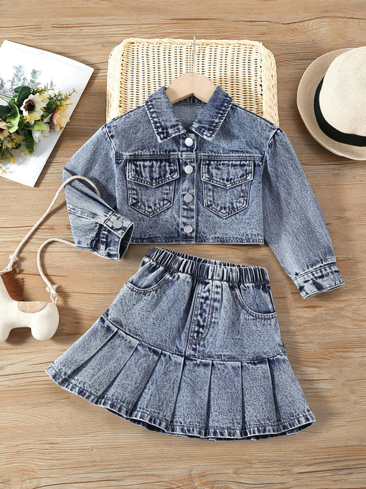 Girl's Denim 2pcs Button Front Jacket & Skirt Set Y2K Style