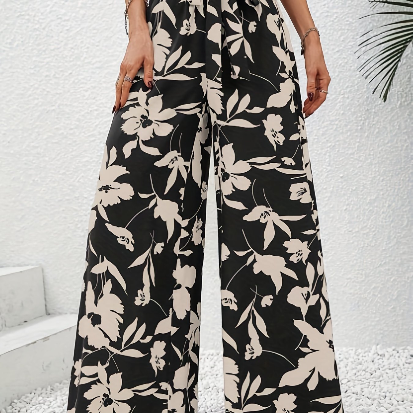 Flower Print Wide Leg Pants Tie Waist Casual Loose Spring Fall