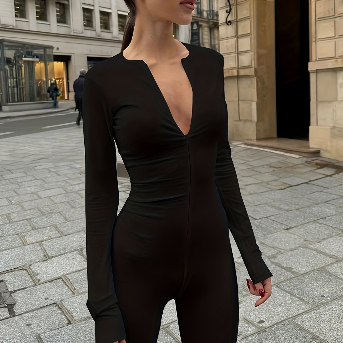 Long Sleeve V neck Yoga Jumpsuit Solid Sports Bodysuit For Women