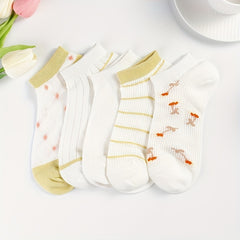 5 Pairs Floral & Striped Ankle Socks Breathable Lightweight Women's Stockings