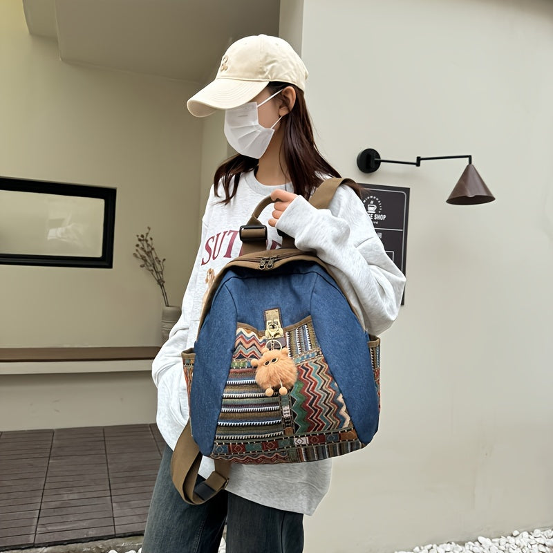 Embroidered Denim Backpack Purse with Ethnic Style Travel Daypack