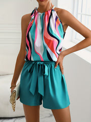 Abstract Ripple Print Sleeveless Top & Solid Wide Leg Shorts Set