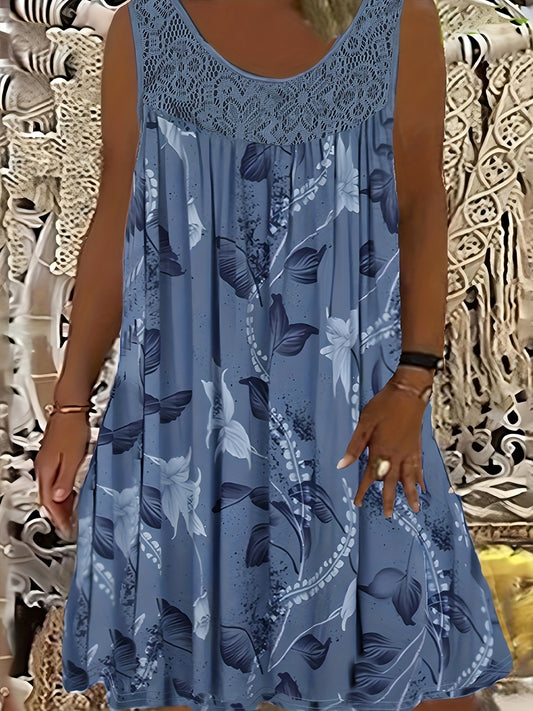  Casual Tank Dress Women's Plus Leaf Print Contrast Lace Round Neck