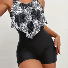 Tropical Palm Leaf Print Ruffle One Piece Swimsuit