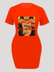  Cartoon Figure Print Short Sleeve Dress