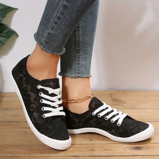 Women's Black Mesh Sneakers Lace Up Flat Shoes