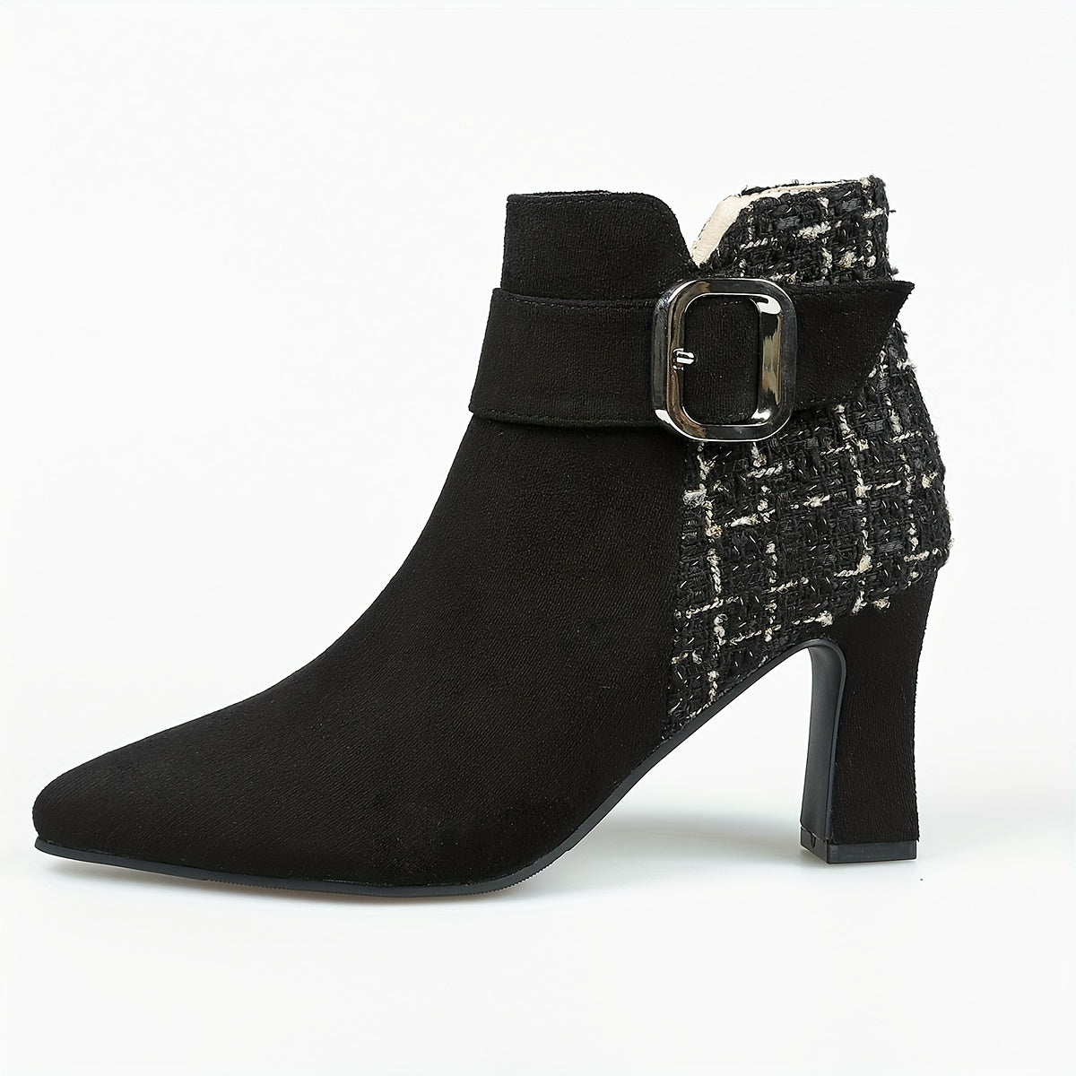 Women's Tweed High Heel Ankle Boots with Buckle Strap