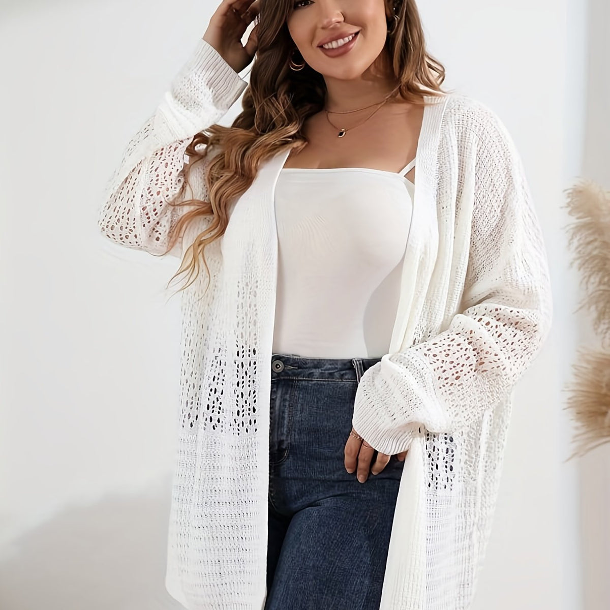  Women's Plain Pointelle Long Sleeve Open Front Knit Cardigan