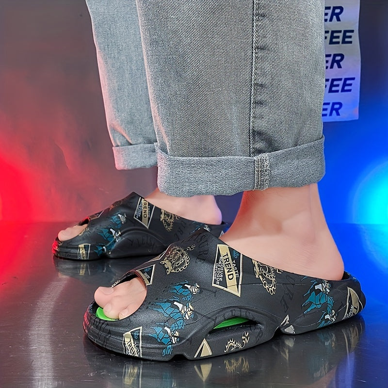 Men's Graphic Print Non Slip Platform Slides