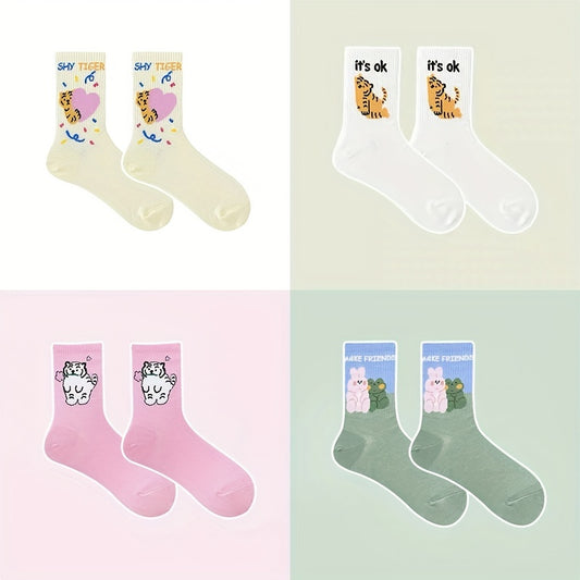 4 Pairs Cartoon Animal Print Socks Women's Stockings & Hosiery