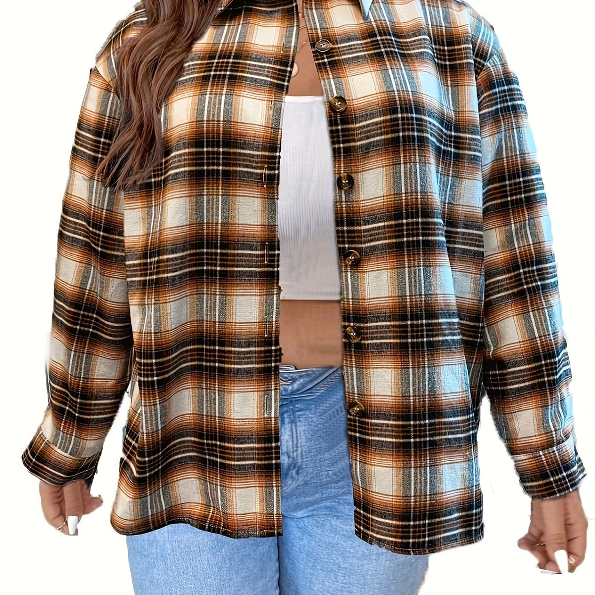  Plaid Print Button Up Long Sleeve Shacket