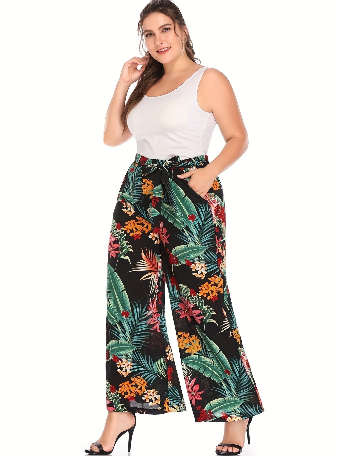 Women's Plus Tropical Print Wide Leg Pants With Belt
