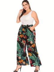 Women's Plus Tropical Print Wide Leg Pants With Belt