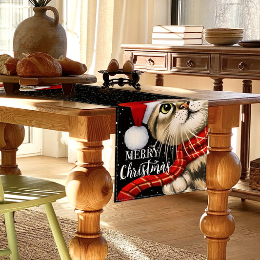 Linen Table Runner Christmas Cat Pattern Table Cover