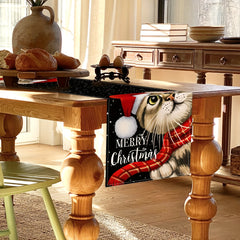 Linen Table Runner Christmas Cat Pattern Table Cover