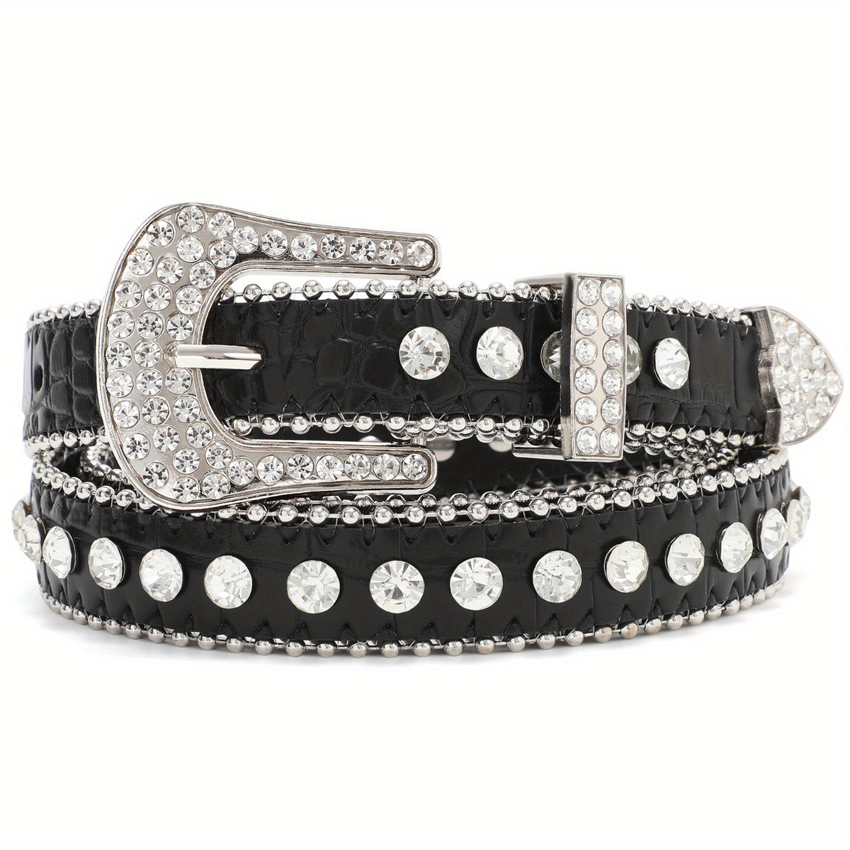 Rhinestone Inlaid PU Belt Hip Hop Sparkling Solid Belt for Women & Men