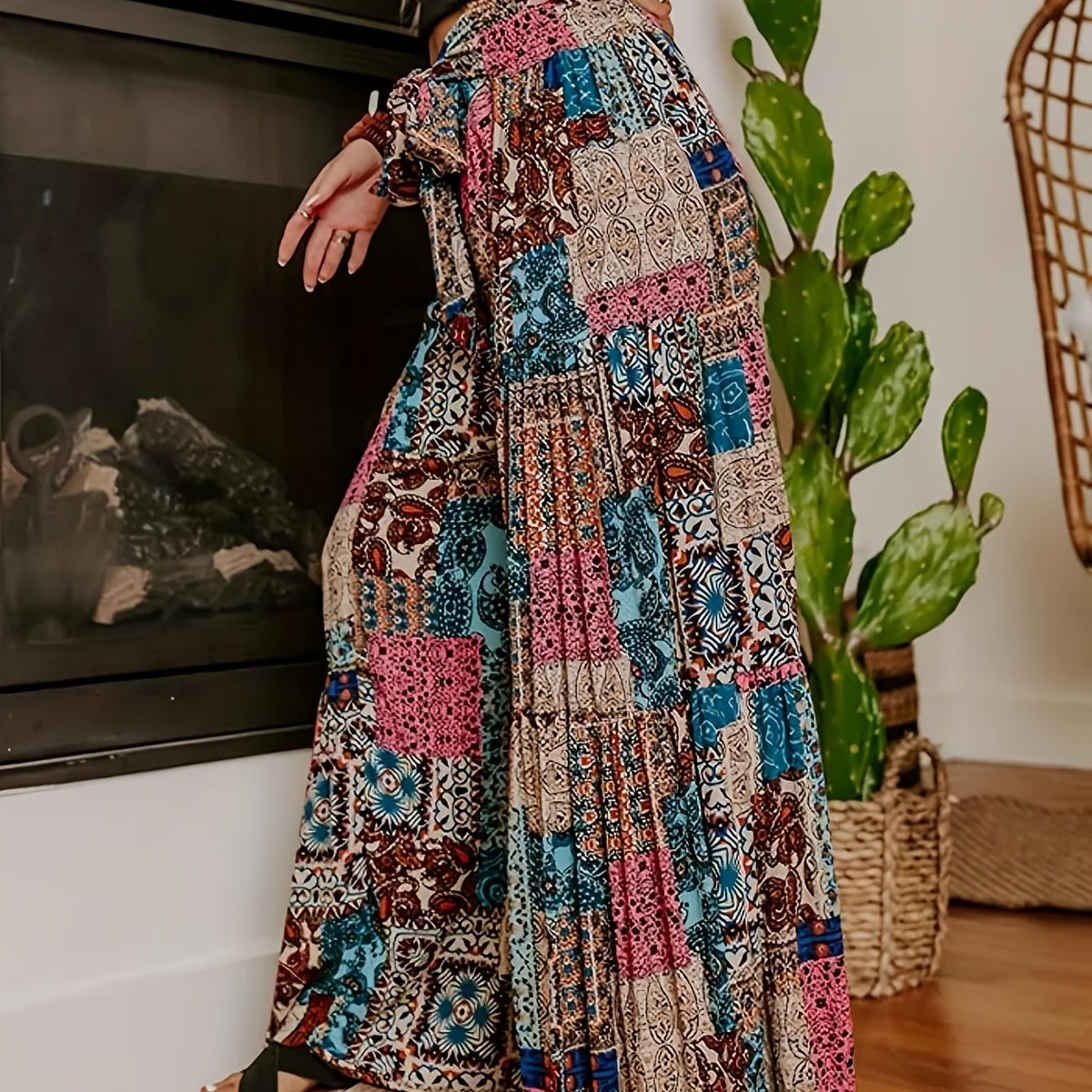  Patchwork Print Knot Front Wide Leg Trousers