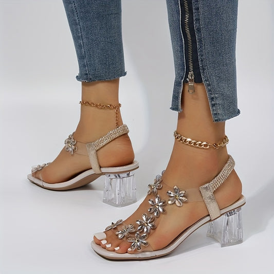 Women's Chunky Heel Sandals Rhinestone Square Toe Mid Heels Slip On Sandals